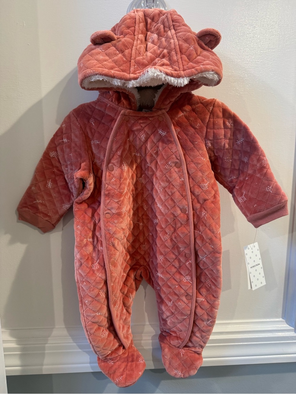 Nordstrom Plush Quilted Coral Baby One-Piece with Hood
